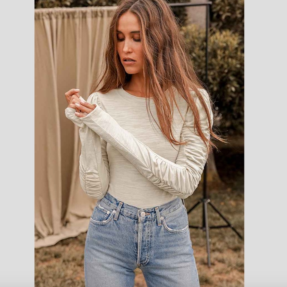 Free People We the Free Natasha Beige Ruched Long Sleeve Top beige